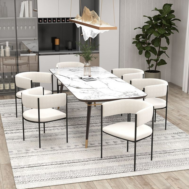 LeisureMod Cyril Collection Modern Chair in White Faux Fur at Table.