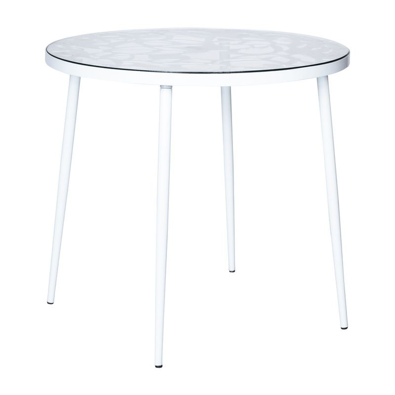 LeisureMod Devon Tree Design Glass Top Aluminum Base Indoor Outdoor Bistro Dining Table White