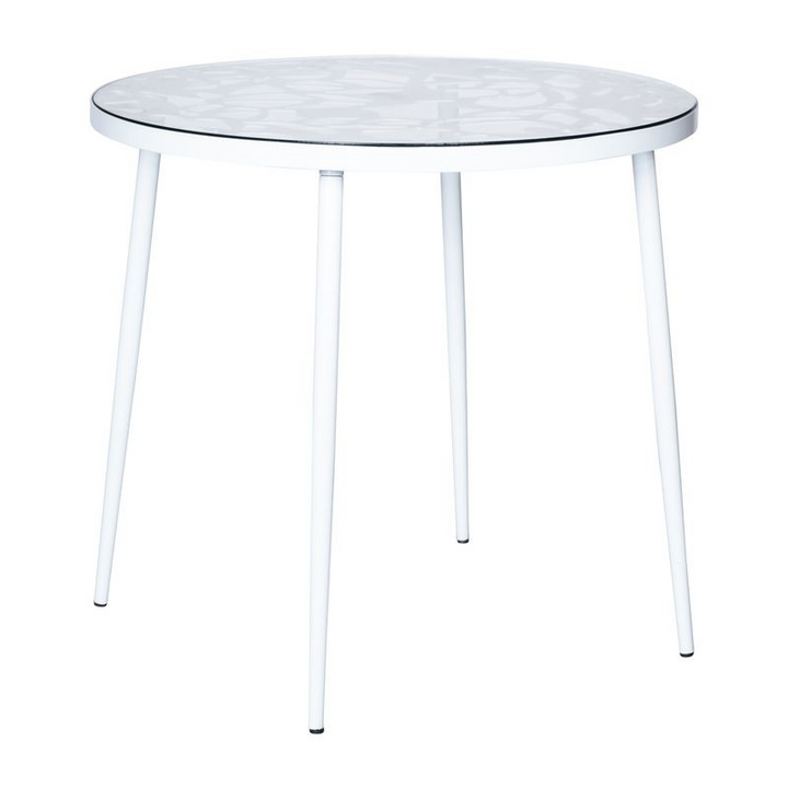 LeisureMod Devon Tree Design Glass Top Aluminum Base Indoor Outdoor Bistro Dining Table White