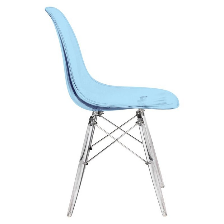 LeisureMod Dover Molded Side Chair with Acrylic Base Transparent Blue Side View.