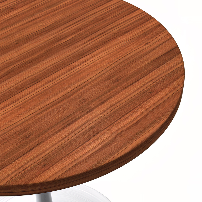 LeisureMod Verve Collection 27 Round Dining Table, White Base with Cognac Brown MDF Top View.