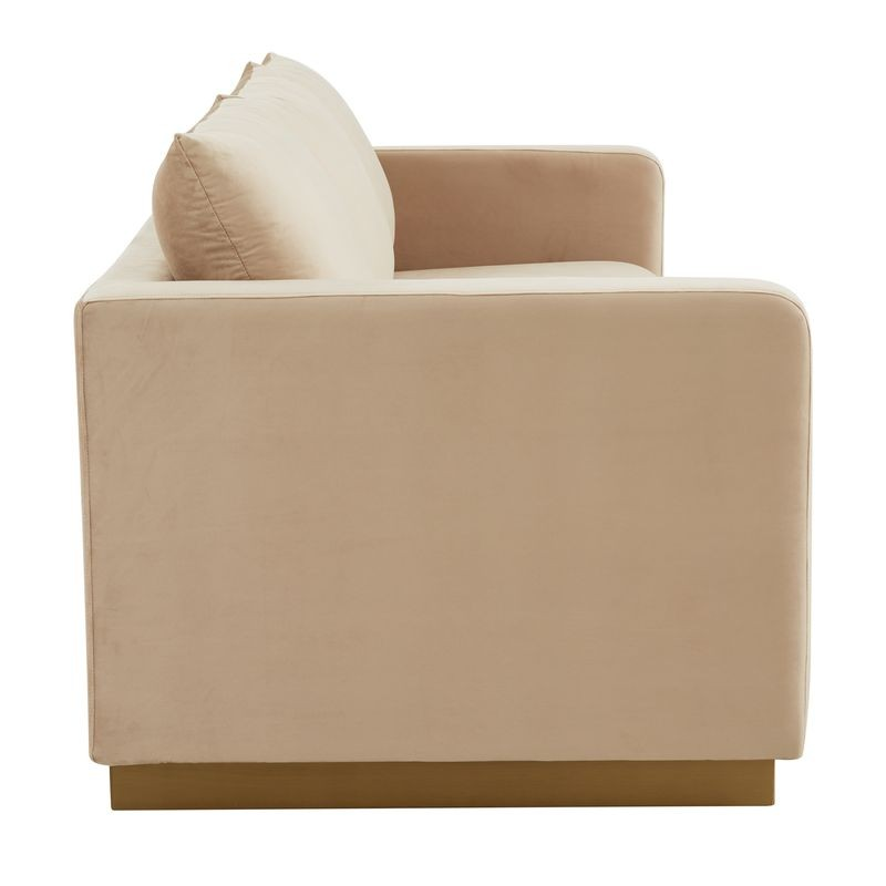 LeisureMod Nervo Modern Mid-Century Upholstered Velvet Sofa with Gold Frame Beige Side View.
