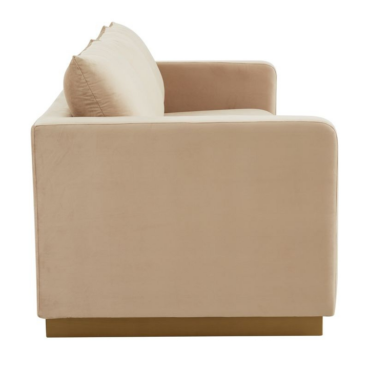 LeisureMod Nervo Modern Mid-Century Upholstered Velvet Sofa with Gold Frame Beige Side View.
