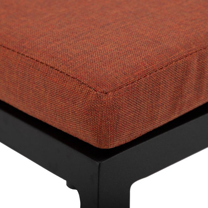 LeisureMod Chelsea Collection Modern Aluminum Outdoor Bar Chair in black with Orange Cushions Closeup.
