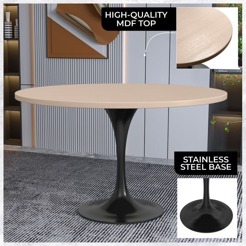 LeisureMod Verve Collection 48 Round Dining Table, Black Base with Light Natural Wood MDF Top Information.