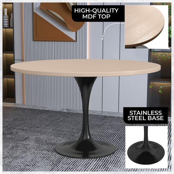 LeisureMod Verve Collection 48 Round Dining Table, Black Base with Light Natural Wood MDF Top Information.
