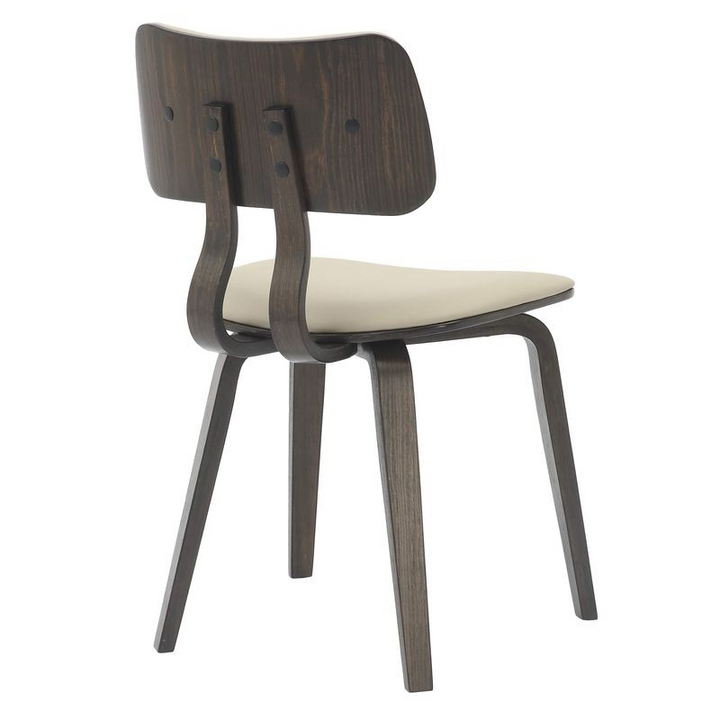 LeisureMod 5-Piece Dining Set with Round Wooden Table in Natural Wood and 4 Leather Dining Chairs in Dark Walnut/Taupe Back of Chair.