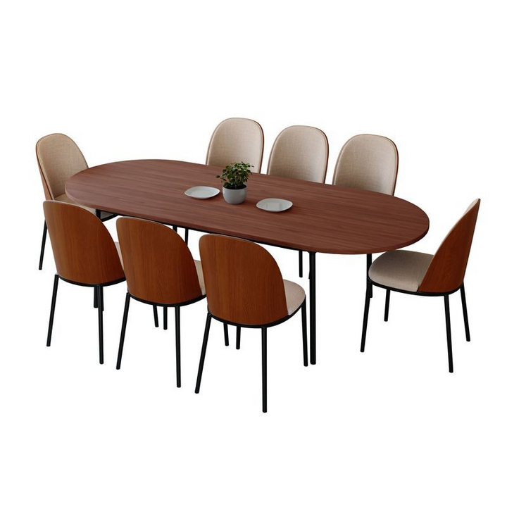 LeisureMod Tule 9-Piece Dining Set in Steel Frame with 8 Upholstered Seat Dining Chairs and 83" Oval Dining Table with MDF Tabletop Walnut/Light Brown