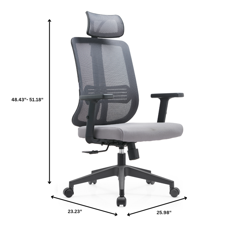Gray office chair with dimensions indicated on a white background.
