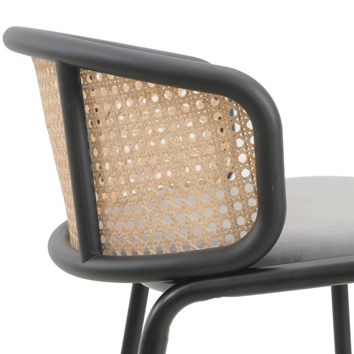 LeisureMod Ervilla Mid-Century Modern Wicker Bar Stool with Fabric Seat and Black Powder Coated Steel Frame for Kitchen and Dining Room in Grey Zoomed In.