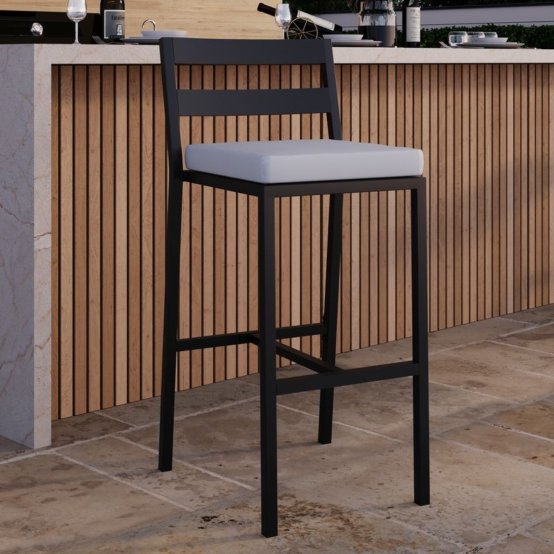 LeisureMod Chelsea Collection Modern Aluminum Outdoor Bar Chair in Black with Light Grey Cushions with Background.