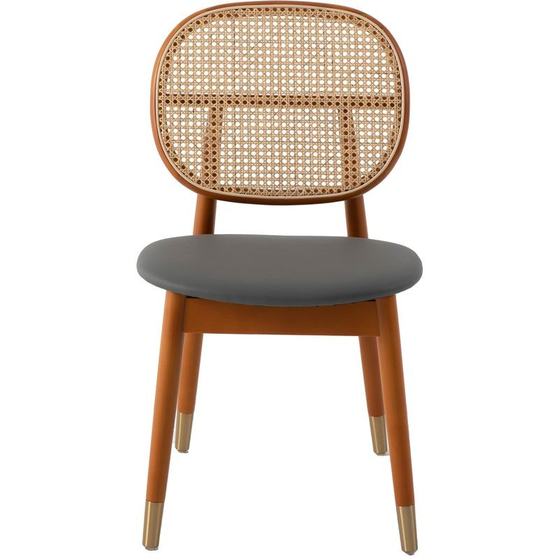 Chair with wicker backrest and gray cushion on a white background.