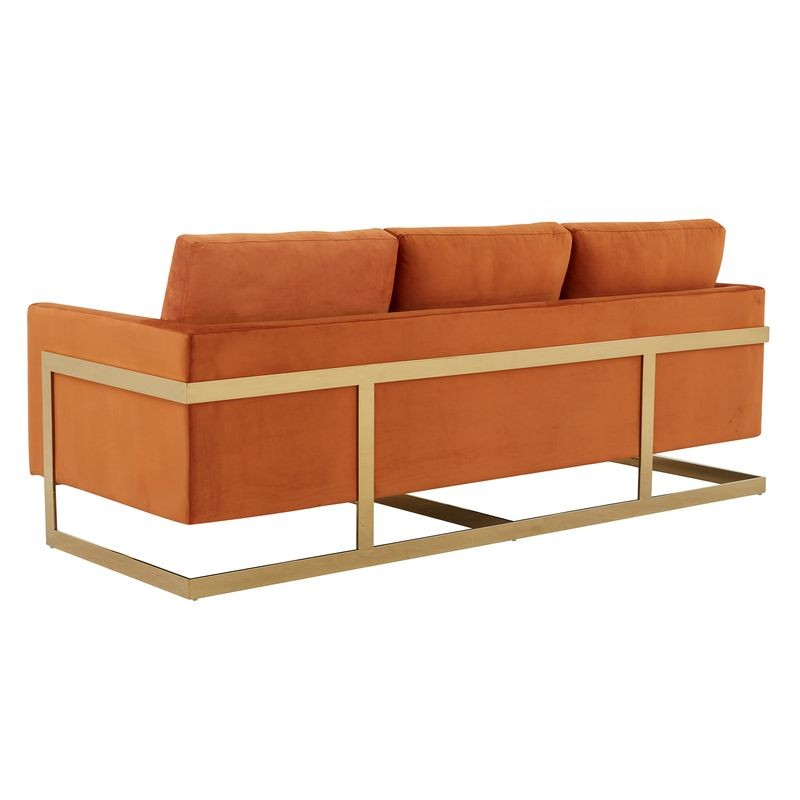 LeisureMod Lincoln Modern Mid-Century Upholstered Velvet Sofa with Gold Frame Orange Marmalade Back View.