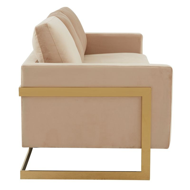 LeisureMod Lincoln Modern Mid-Century Upholstered Velvet Sofa with Gold Frame Beige Side View.