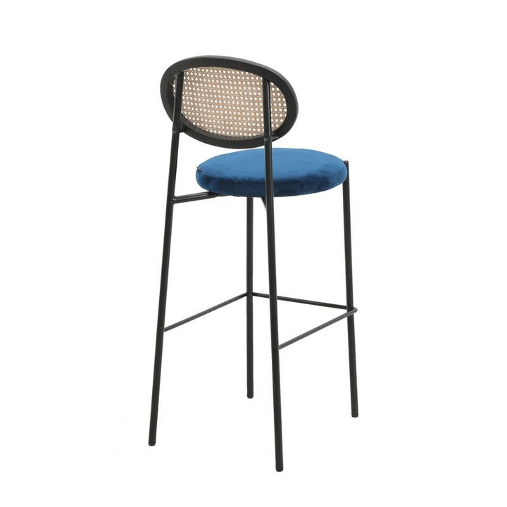 LeisureMod Euston Modern Wicker Bar Stool with Black Steel Frame in Navy Blue Back View.