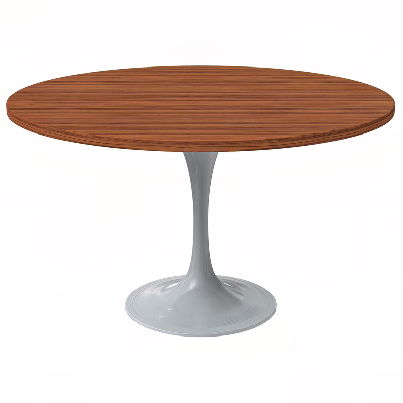 LeisureMod Verve Collection 48 Round Dining Table, White Base with Cognac Brown MDF Top