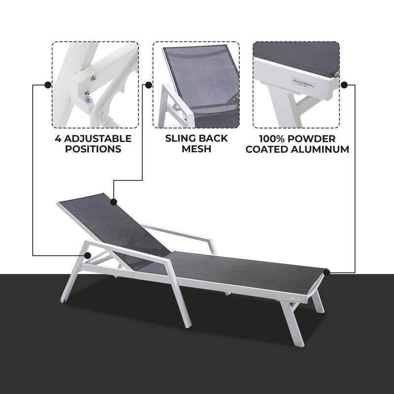 LeisureMod Marlin Patio Chaise Lounge Chair with Armrests in White Aluminum Frame Black Details.