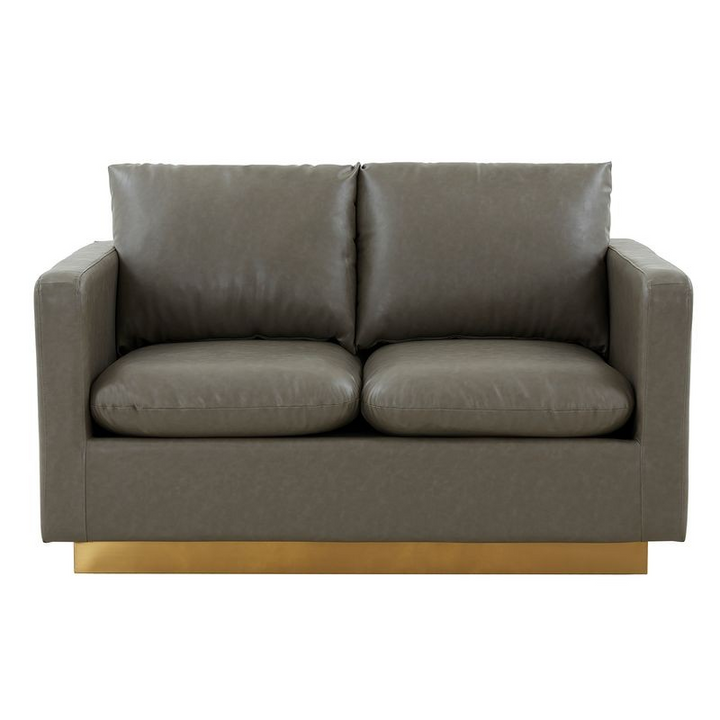 LeisureMod Nervo Modern Mid-Century Upholstered Faux Leather Loveseat with Gold Frame Grey Front Photo.