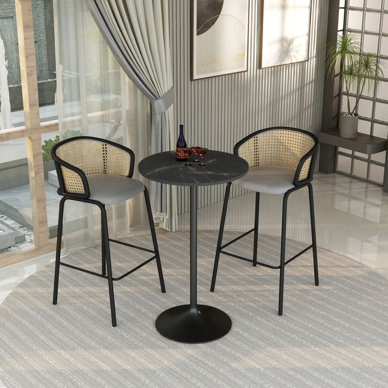 LeisureMod Verve Collection Modern Bar Height Table Black Base with 27" Round Black Marbleized MDF Top in Room.