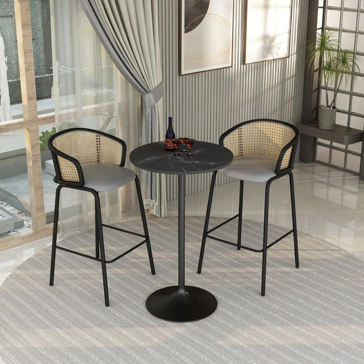 LeisureMod Verve Collection Modern Bar Height Table Black Base with 27" Round Black Marbleized MDF Top in Room.