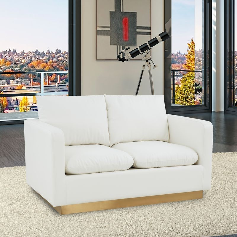 LeisureMod Nervo Modern Mid-Century Upholstered Faux Leather Loveseat with Gold Frame White with Background.