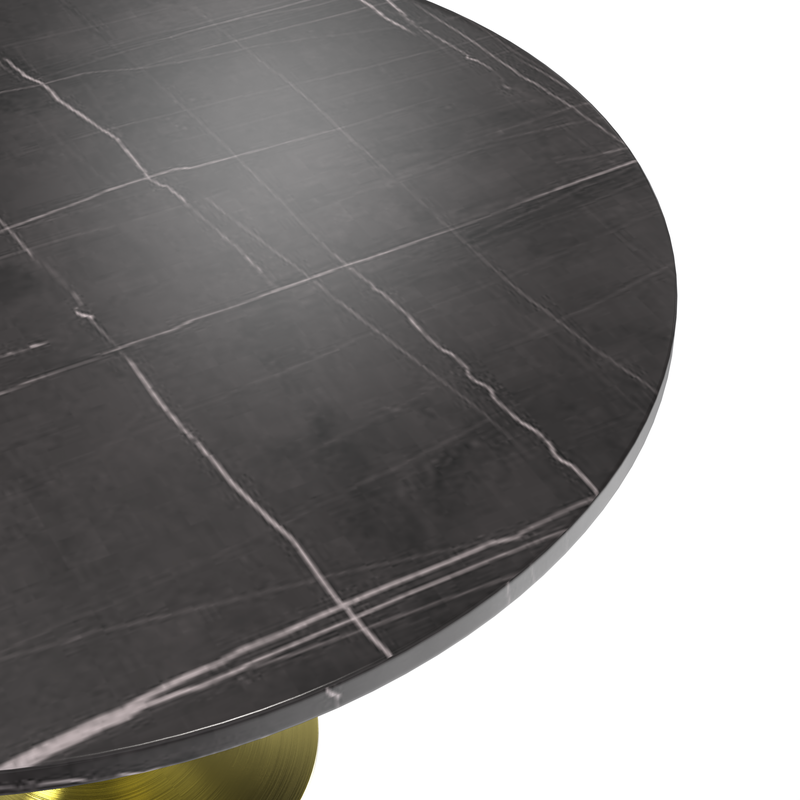 LeisureMod Verve Collection 48 Round Dining Table, Brushed Gold Base with Sintered Stone Black Top Closeup.
