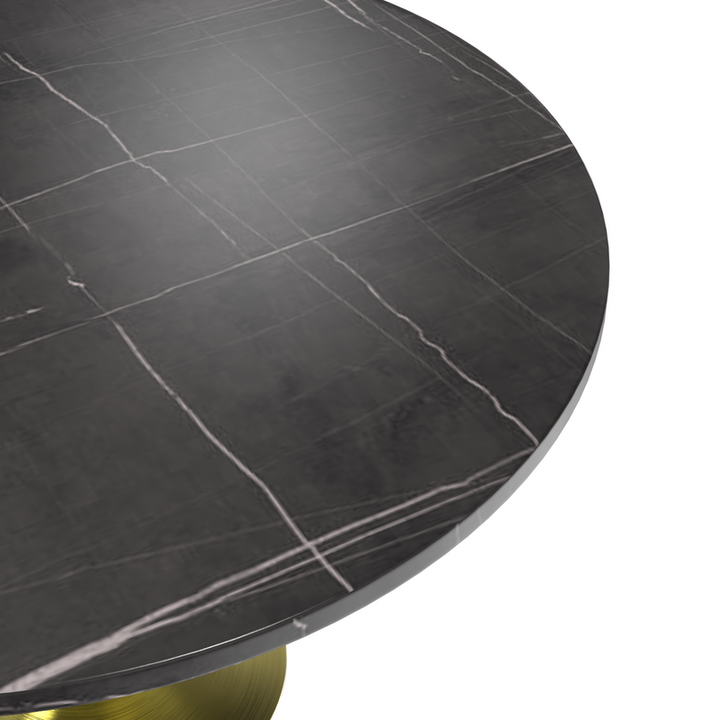 LeisureMod Verve Collection 48 Round Dining Table, Brushed Gold Base with Sintered Stone Black Top Closeup.