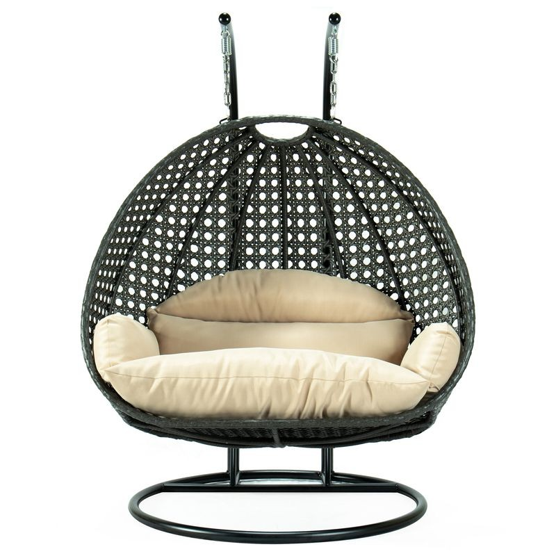 LeisureMod Charcoal Wicker Hanging 2 person Egg Swing Chair Beige Front View.