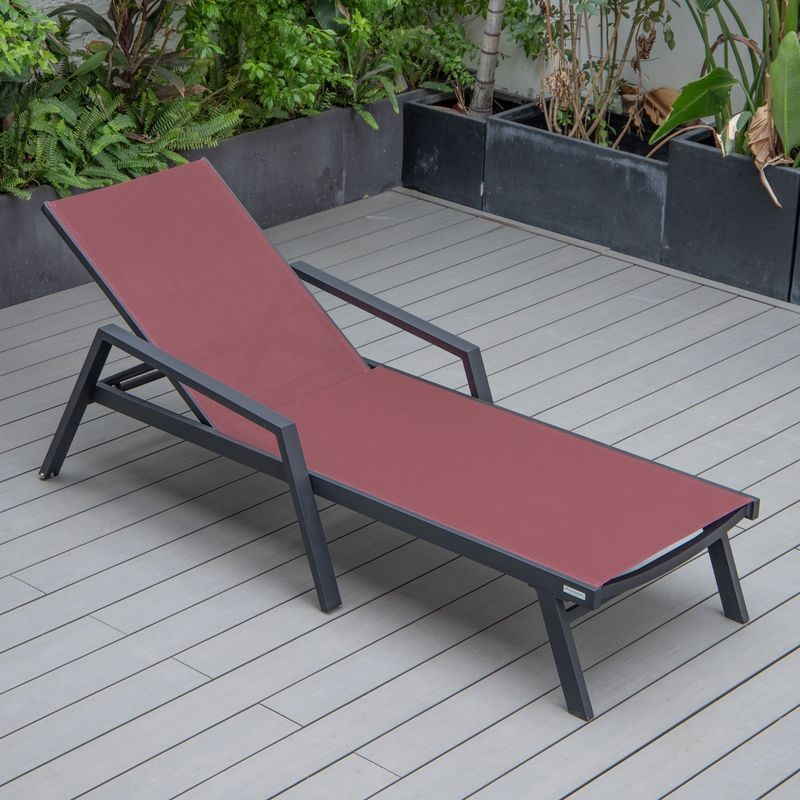 LeisureMod Marlin Patio Chaise Lounge Chair with Armrests in Black Aluminum Frame Burgundy Photo.