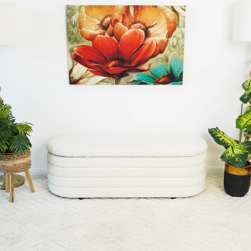 Cabana White Boucle Bench w/Storage Front View.