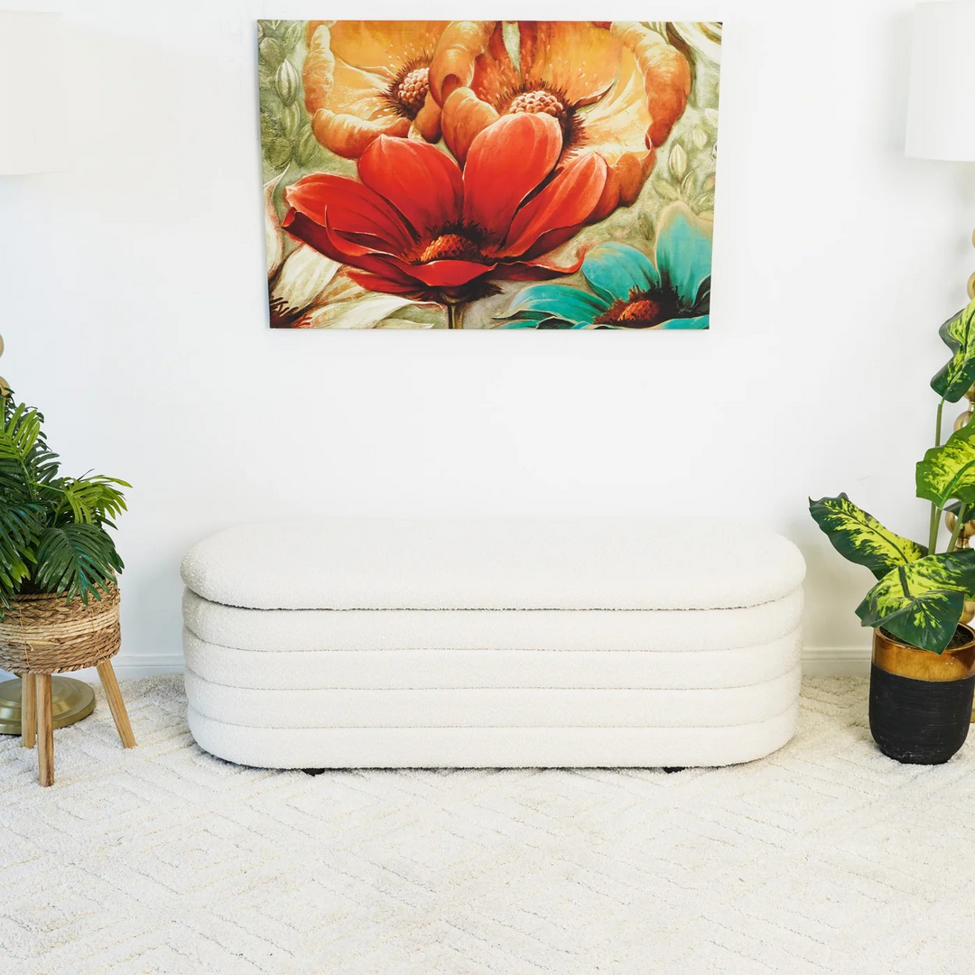 Cabana White Boucle Bench w/Storage Front View.