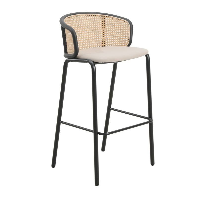 LeisureMod Ervilla Mid-Century Modern Wicker Bar Stool with Fabric Seat and Black Powder Coated Steel Frame in Beige