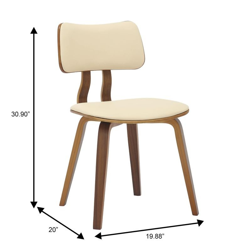 Beige chair with wooden legs and dimensions labeled on a white background.