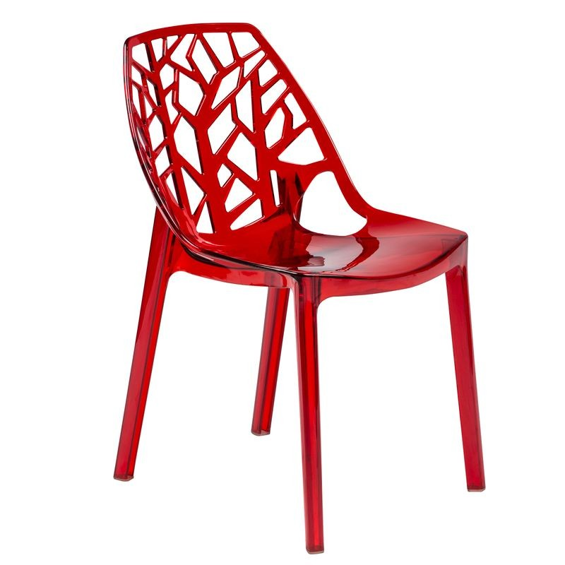 LeisureMod Cornelia Modern Spring Cut-Out Tree Design Stackable Dining Chair Transparent Red Angled View.