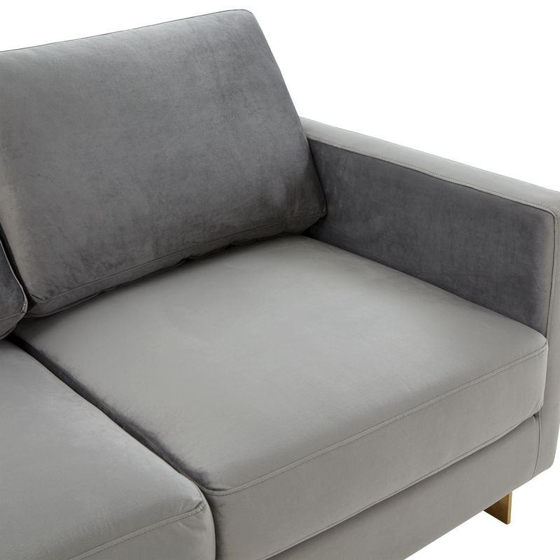LeisureMod Lincoln Modern Mid-Century Upholstered Velvet Loveseat with Gold Frame Light Grey Closeup.