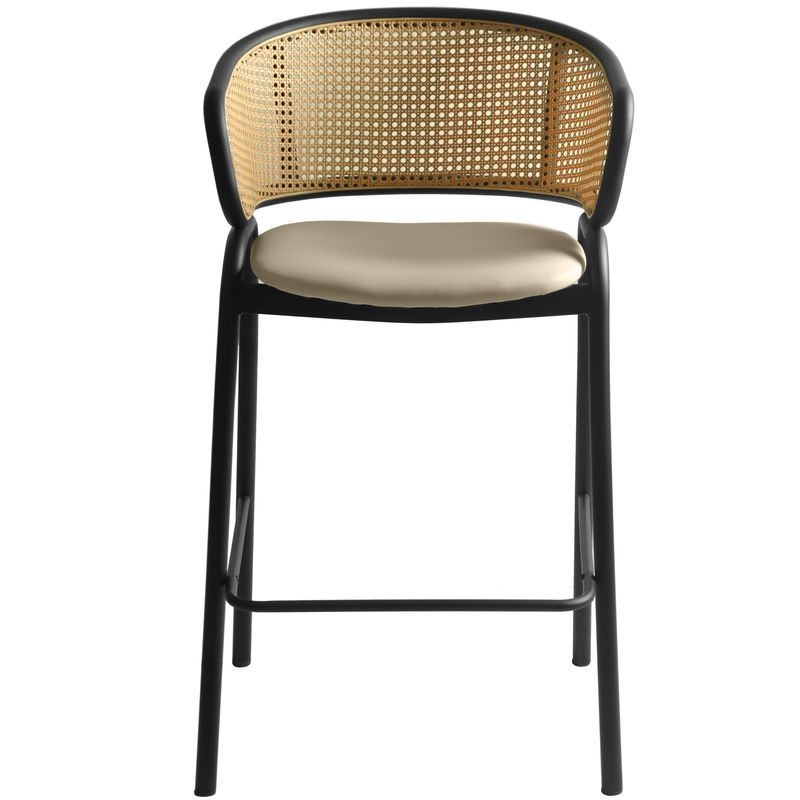 LeisureMod Ervilla Wicker Bar Stool with Fabric Seat and Black Steel Frame in Taupe Front View.