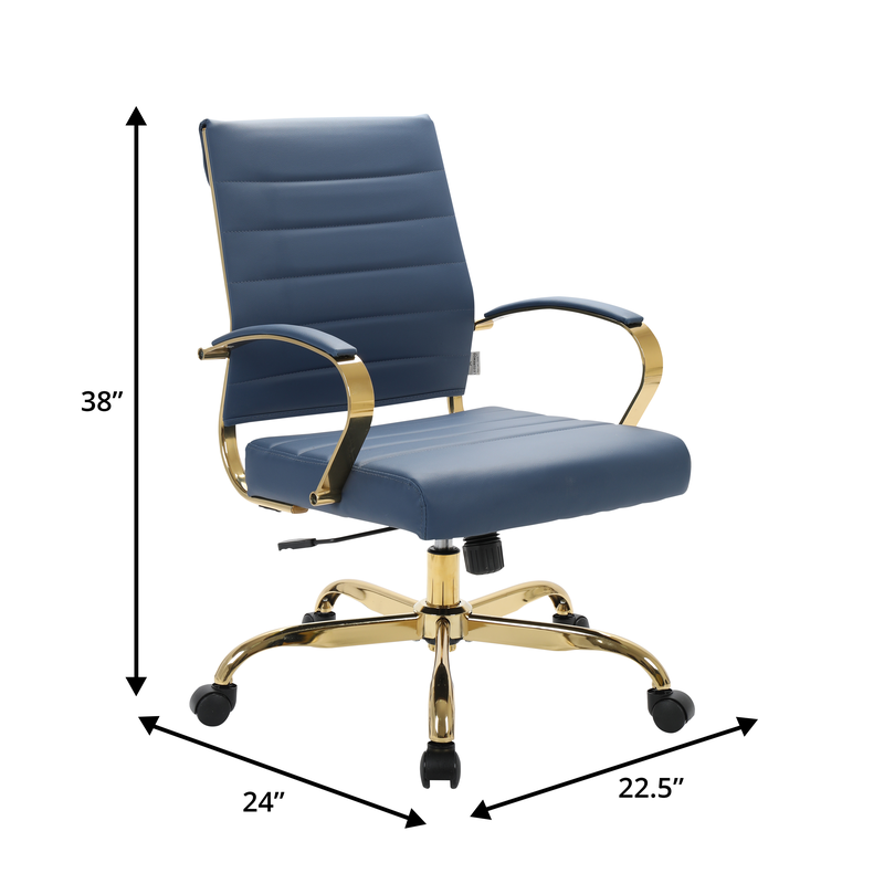 Blue office chair with gold accents and dimensions indicated on a white background.