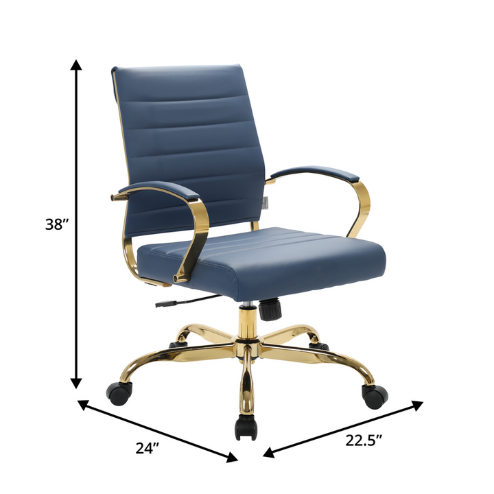 Blue office chair with gold accents and dimensions indicated on a white background.