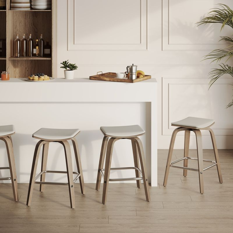 LeisureMod Wooden Counter Stool Square Seat Pelya Collection Modern Style Washed Walnut color in Light Grey at Bar.