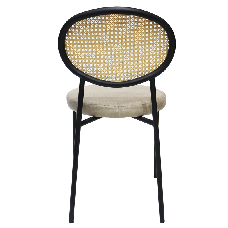 LeisureMod Euston Modern Wicker Dining Chair with Black Frame and Leather Seat in Taupe Back View.
