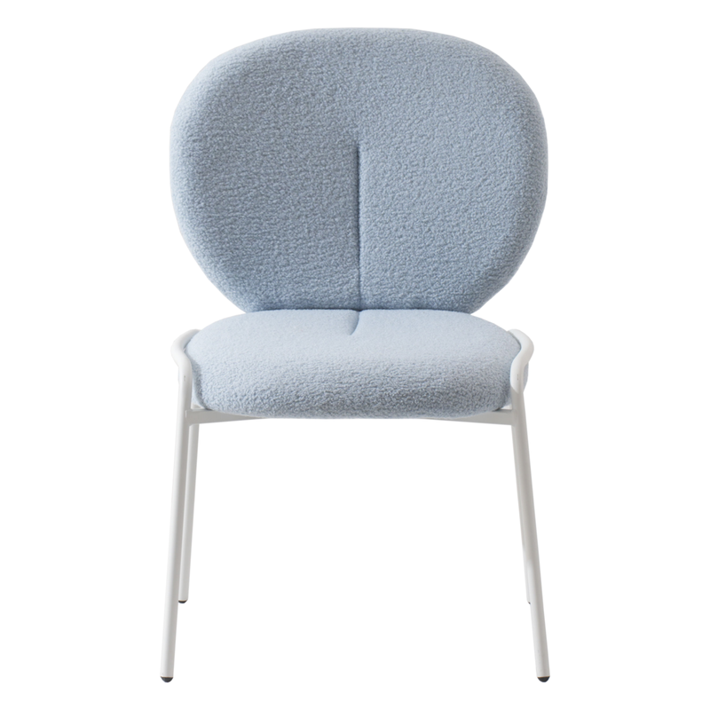LeisureMod Mid-Century Modern Boucle Dining Chair with White Frame, Blue Front View.