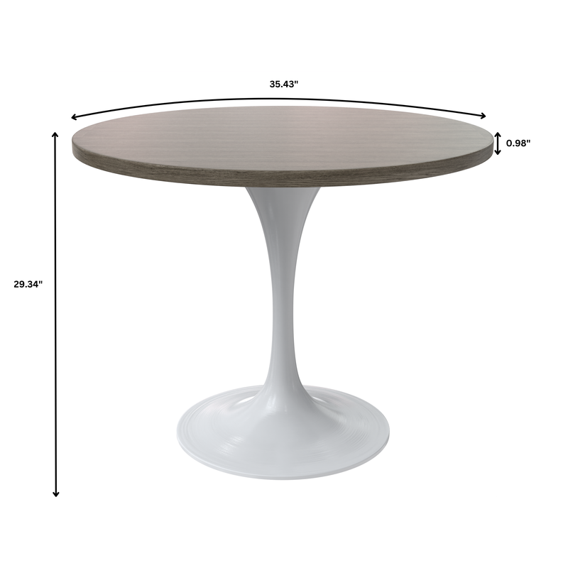 LeisureMod Verve Collection 36 Round Dining Table, White Base with Dark Maple MDF Top Dimensions.