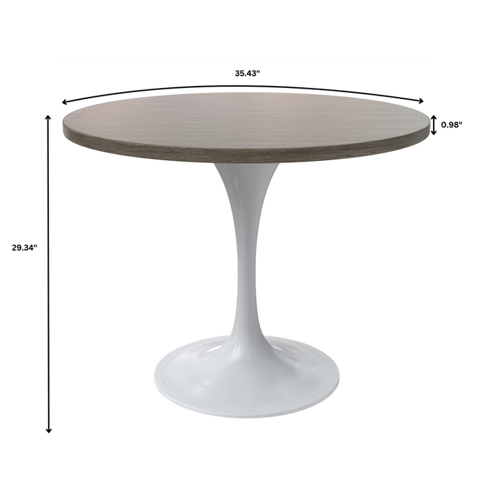 LeisureMod Verve Collection 36 Round Dining Table, White Base with Dark Maple MDF Top Dimensions.