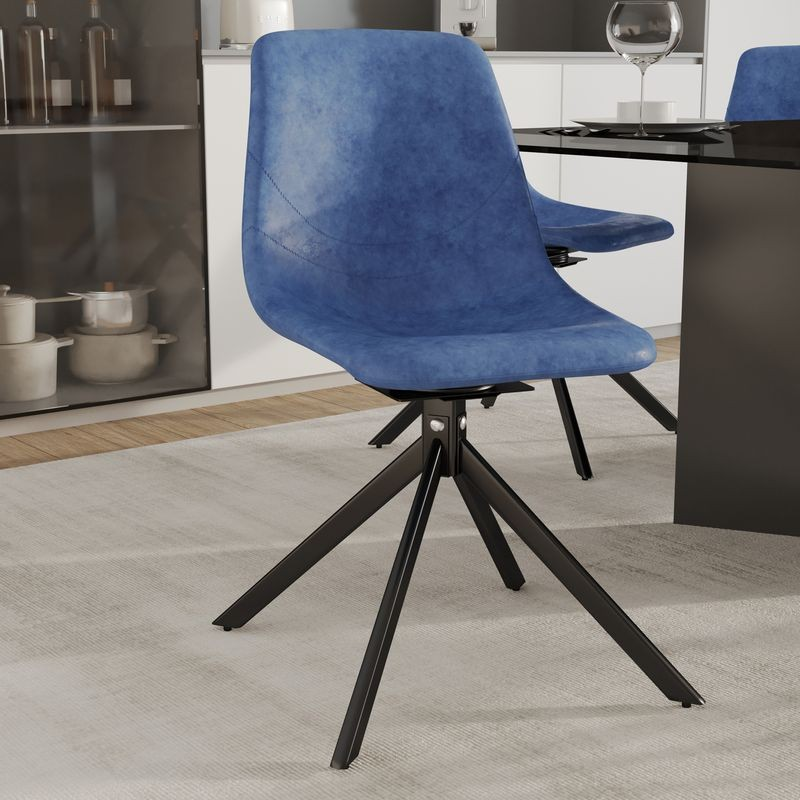 LeisureMod Markley Modern Leather Swivel Dining Chair With Metal Legs in Blue with Background.