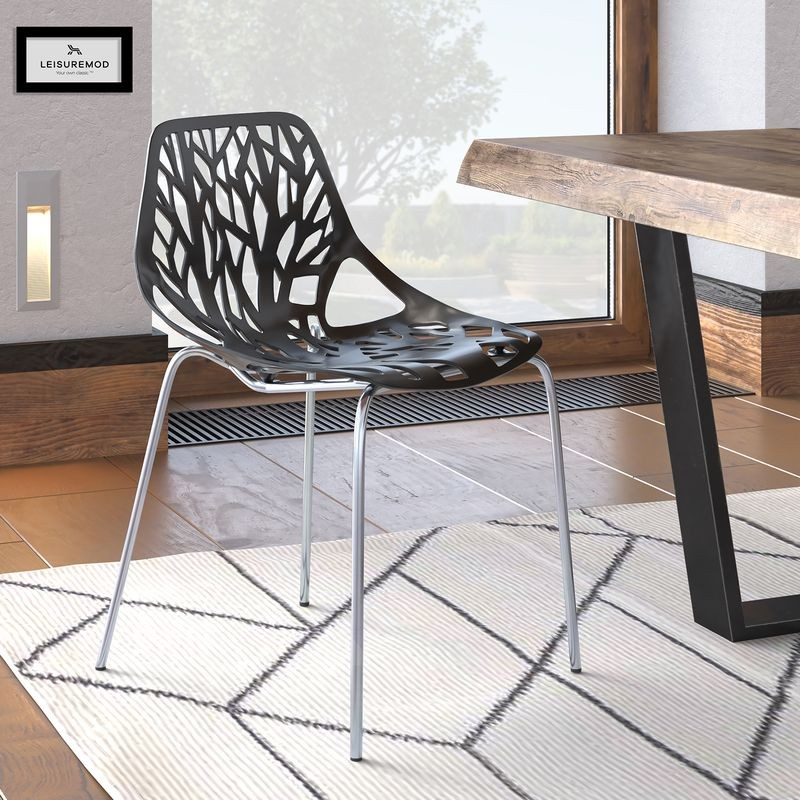 LeisureMod Modern Asbury Dining Chair w/ Chromed Legs Black with Background.