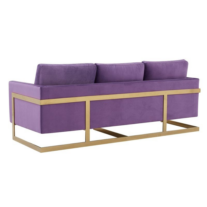LeisureMod Lincoln Modern Mid-Century Upholstered Velvet Sofa with Gold Frame Purple Back View.