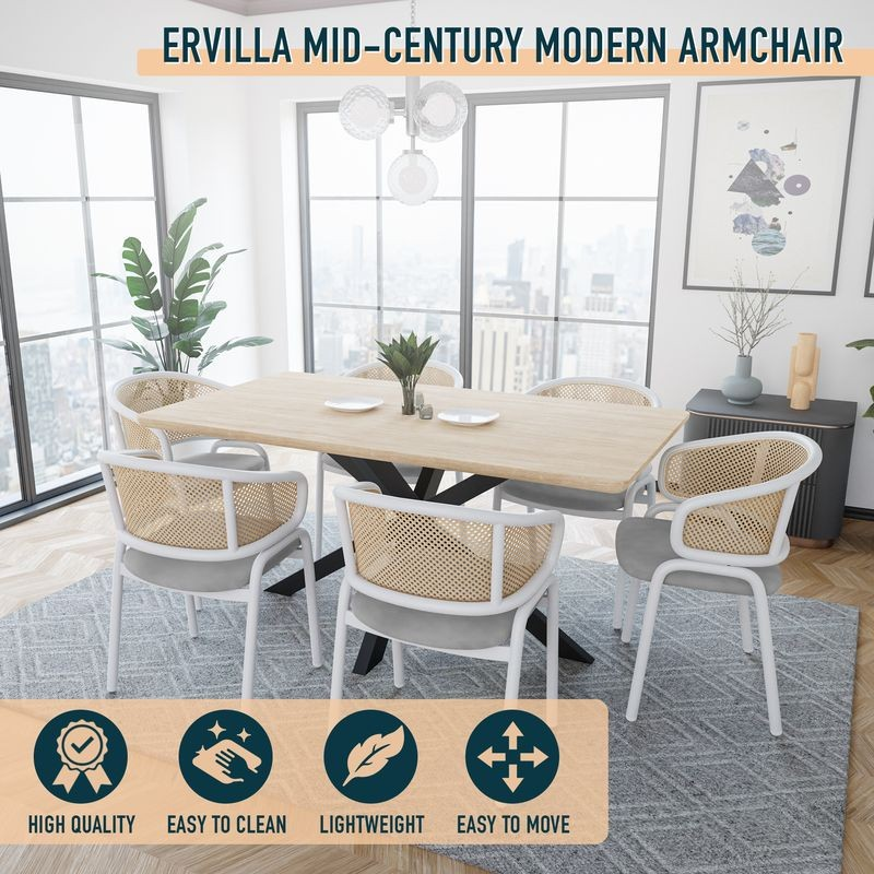 Leisuremod Ervilla Modern Dining Chair with White Powder Coated Steel Legs and Wicker Back Grey at Table.