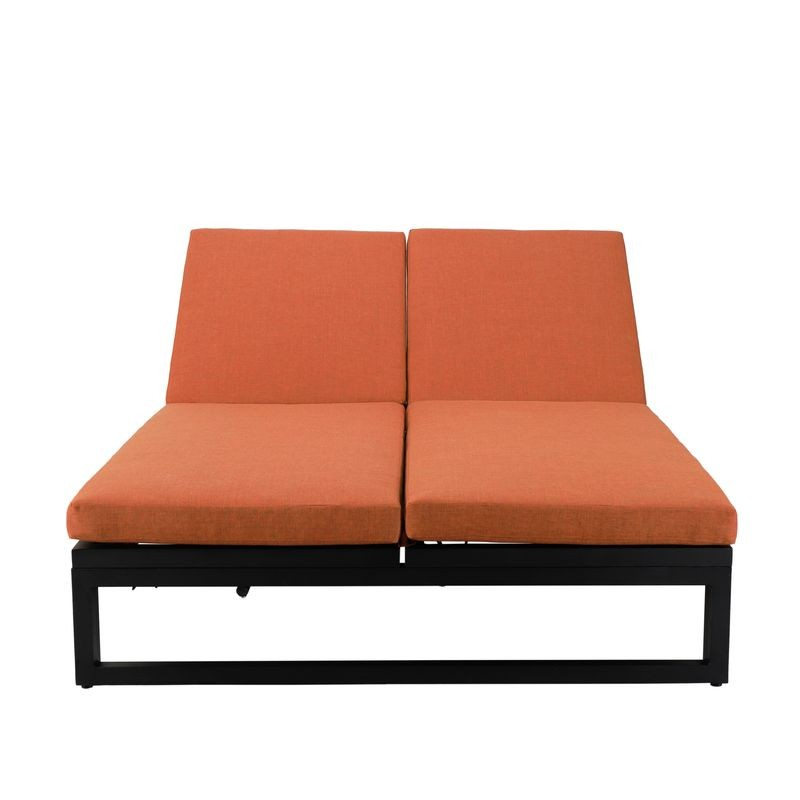 LeisureMod Chelsea Convertible Lounge Reclining Double Chaise with Cushions Orange Front Chair View.