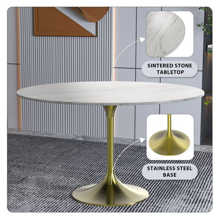 LeisureMod Verve Collection 48 Round Dining Table, Brushed Gold Base with Sintered Stone White Top Description.