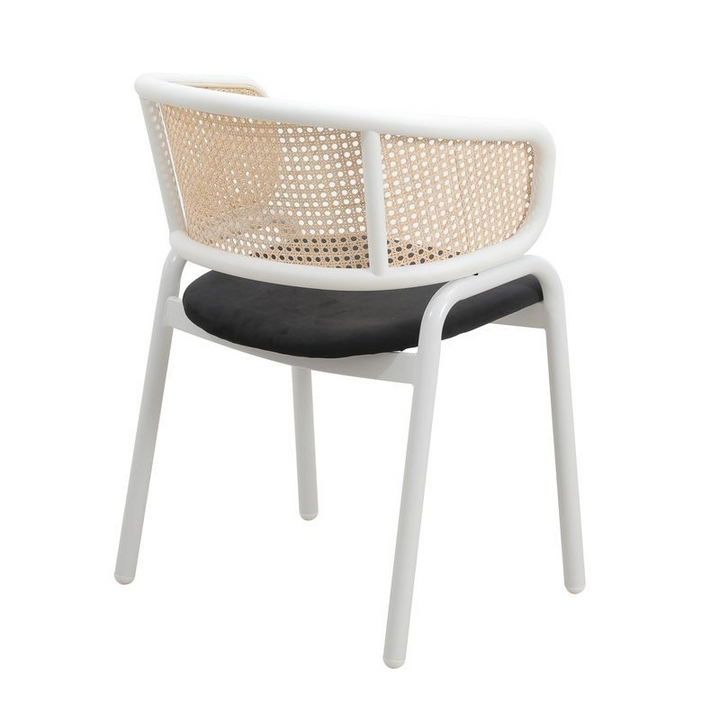 Leisuremod Ervilla Modern Dining Chair with White Powder Coated Steel Legs and Wicker Back Black Angled Photo.